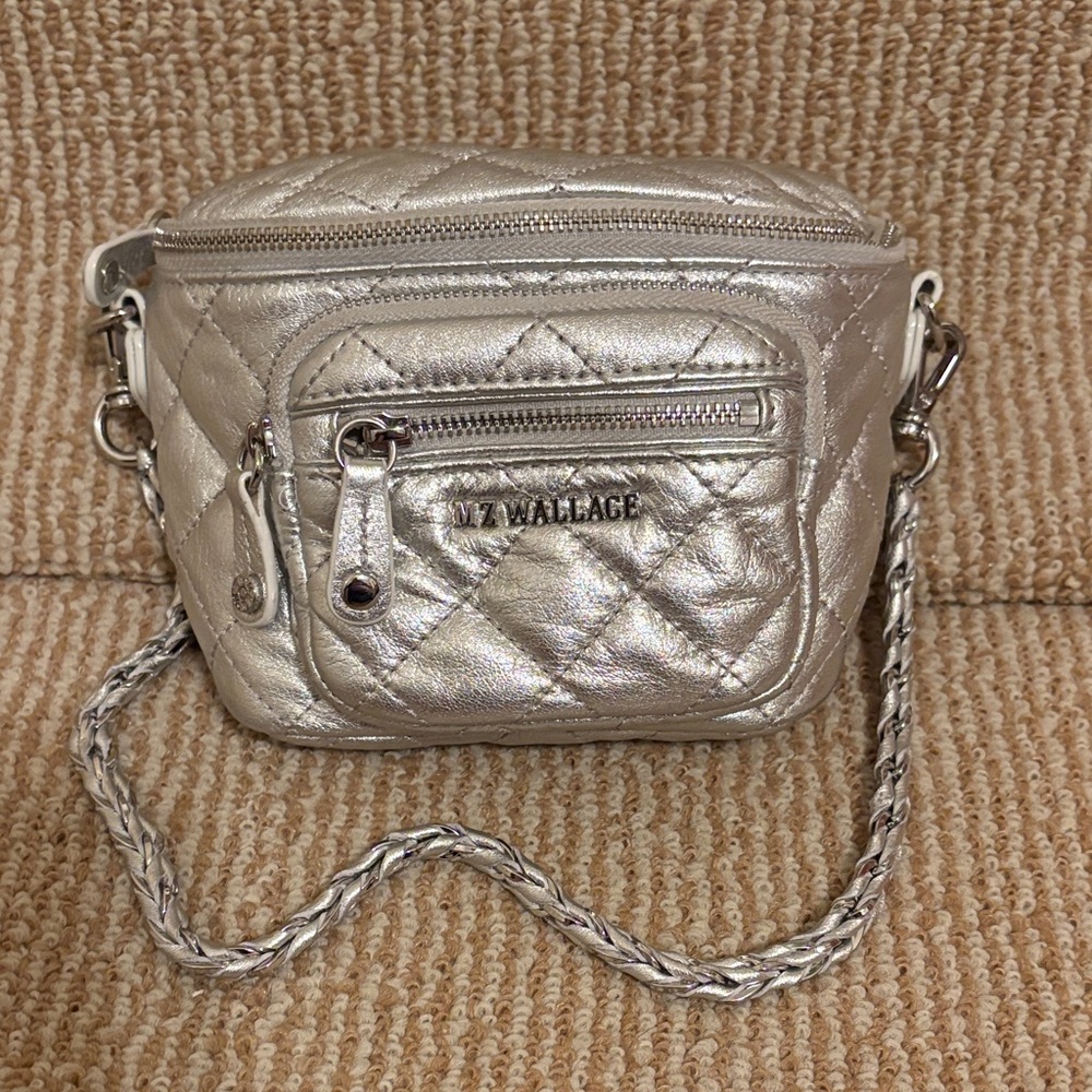 MZ Wallace Micro Crosby Silver Leather Quilted Sling